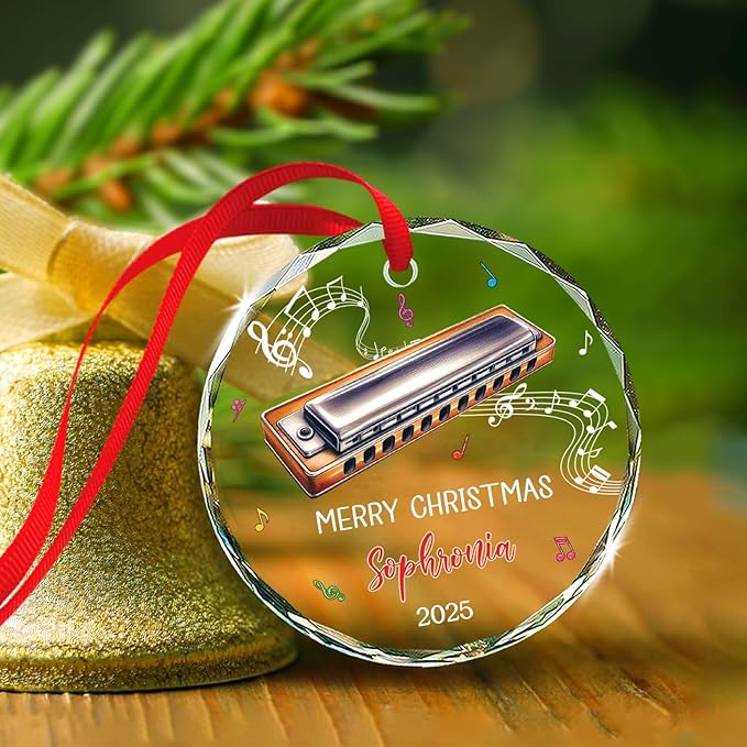 Harmonica Musical Instrument Glass Ornament Xmas 2025, Personalized Text & Name Instrument Christmas Ornament Gifts for Harmonica Player, Musician Xmas Keepsake, Custom Harmonicist Glass Ornaments