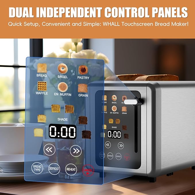 Touch screen Toaster 2 slice,Stainless Steel Digital Timer Toasters with Sound Function,6 Bread Types & 6 Shade Settings,Smart Extra Wide Slots Toaster with Bagel,Defrost Functions,Platinum