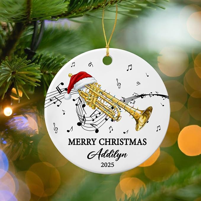 Unique Trumpet Instrument Ceramic Xmas Tree Ornament, Customized Text Year Name Trumpeter/Trumpet Player Ornaments Gift for Women Men, Personalized Trumpets Musical Lover Ceramic Keepsake Ornament