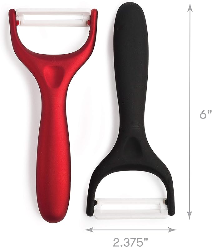 Cooking Light Ceramic Peeler Set with Ultra Sharp and Durable Blades, Ergonomic Handles Black and Red Kitchen Tools, 2 Piece, Black/Red