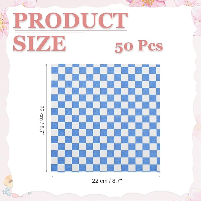PATIKIL 8.7" x 8.7" Waxed Paper Sheets, 50Pcs Square Pattern Oil-absorbing Dry Food Wrapping Paper for Bakery Coffee Shop Home Baking Kitchen DIY, Blue