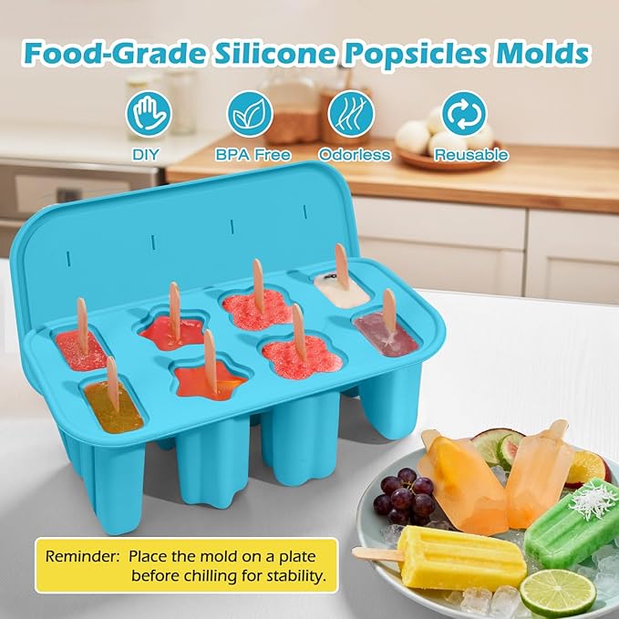 Popsicles Molds, 8-Cavity Silicone Popsicle Molds with 50 Sticks, BPA-Free Ice Pop Mold Popsicle Maker with Funnel & Cleaning Brush for Kids Adult Teens