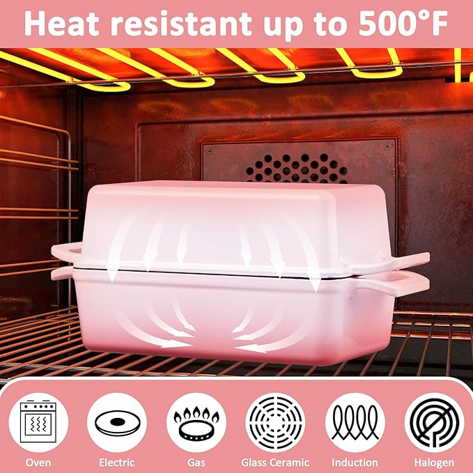 2-in-1 Cast Iron Bread Pan with Lid, Leonyo Enameled Cast Iron Loaf Pan, 9 x 6 inch Sourdough Baking Pan, Homemade Bread Dutch Oven for Pound Cake, Lasagna, Up to 500℉ & Pink