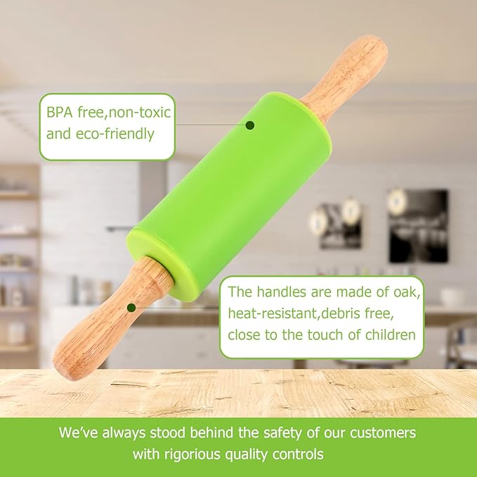 Mini Silicone Rolling Pin for Kids, Non-stick Surface Wood Handle, 9 Inch 1 Pack Yellow