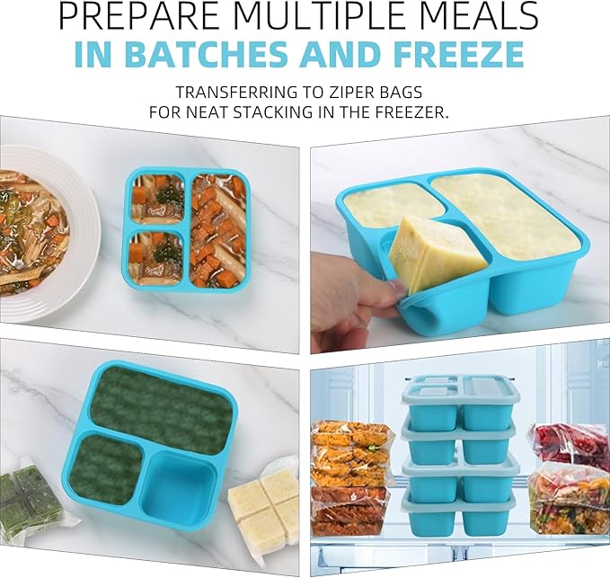 BPA-Free Silicone Freezer Molds, Leak Proof Stackable,1/2-Cup and 1-Cup Portion Control Soup Cubes Freezer Tray with Lids for Meal Prep, Broth, Stews, Leftovers(Blue 4 Pack)