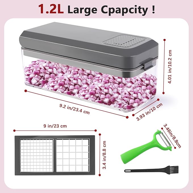 Vegetable Chopper, Onion Chopper Dicer, Mandoline Slicer with Container, Vegetable Cutter for Salad Potato Carrot Garlic（2 Blades, Grey）