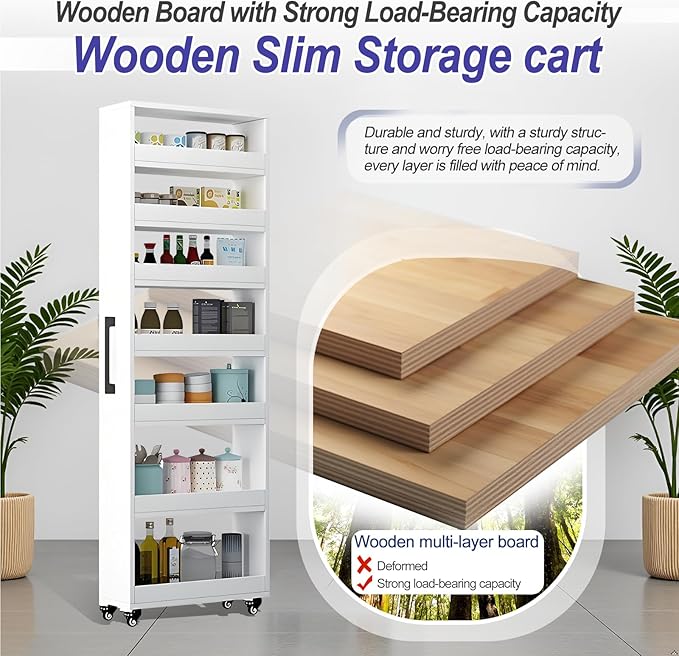 7-Tier Slim Storage Cart, Wooden Rolling Pantry Cabinet with Wheels, Narrow Shelf Organizer for Kitchen, Bakers Rack, Dining Room, Closet, Small Spaces Gray 73.2‘’H*5.9''W*19.6''D