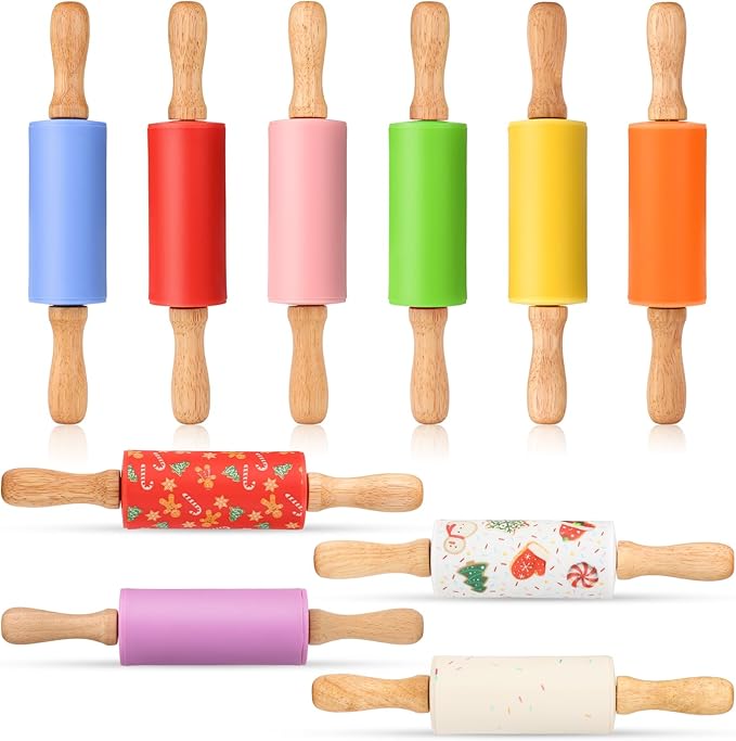 Mini Silicone Rolling Pin for Kids, Non-stick Surface Wood Handle, 9 Inch 10 Pack