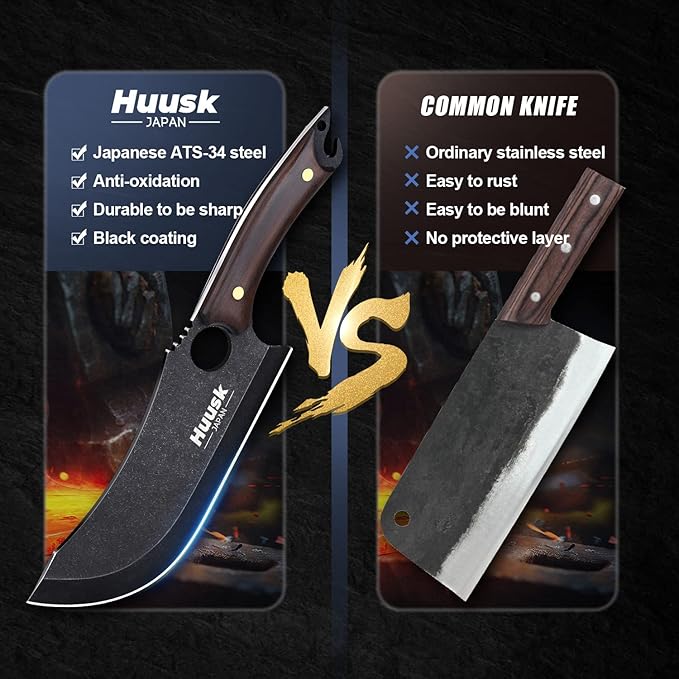Huusk Hand Forged Meat Cleaver - Japanese Cooking Black Butcher Knife for Meat Cutting, Full Tang Cleaver Knife for Kitchen, Camping Thanksgiving Christmas Gifts