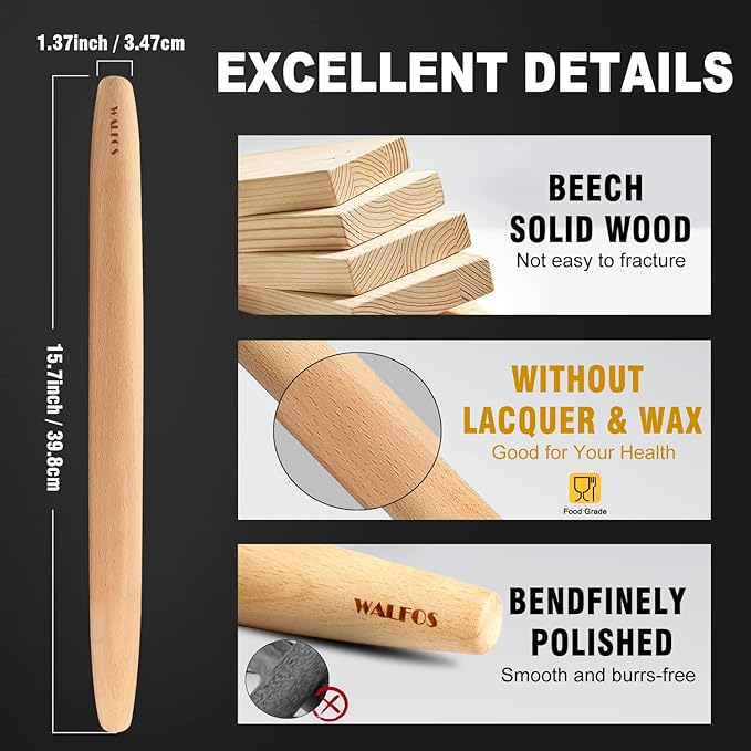 WALFOS French Rolling Pin and Silicone Baking Mat Set, Non-Stick Beech Wood Rolling Pin 15.7 Inch and Pastry Mat for Best Pie Crust, Cookie, Pasta and Pizza Dough