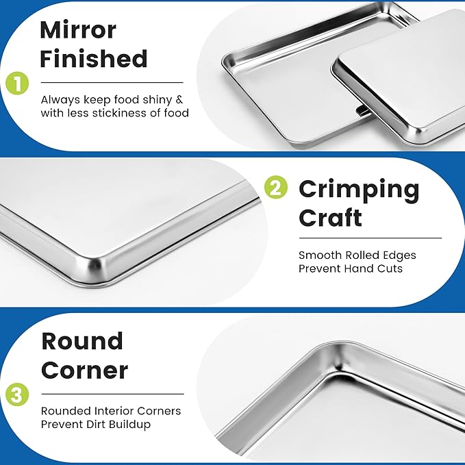 6 Pack Stainless Steel Baking Sheet Pans, 9" L × 7" W × 1" H Cookie Sheets for Toaster Oven, Rust-Resistant, Dishwasher Safe