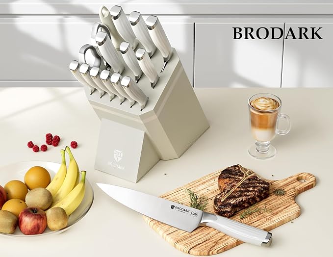 BRODARK Kitchen Knife Set with Block and Sharpener – 15-Piece Ultra Sharp White Knife Set Full Tang Stainless Steel Knife Block Set with Ergonomic Handle – Christmas Gift, Roman Series