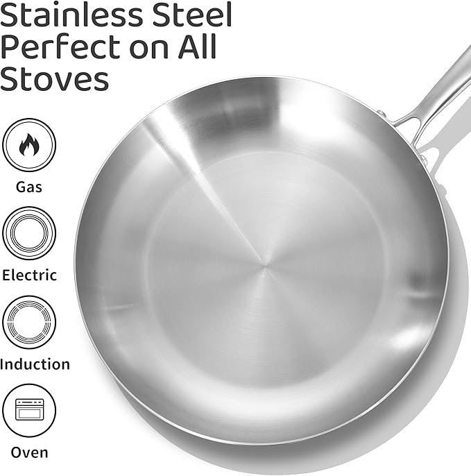 LOLYKITCH 8-9-10-11-12 Inch Tri-ply Stainless Steel Frying Pan Set,Skillets,Chef's Induction Cooking Cookware Set,Dishwasher and Oven Safe,Detachble Handle