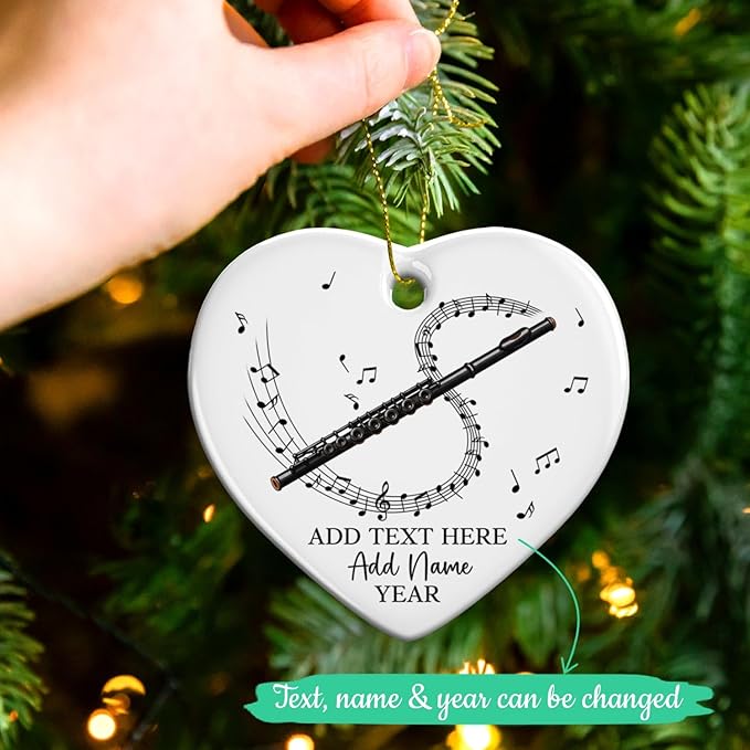 Personalized Flute Player Ceramic Ornament with Text Name & Year, Custom Flutist Christmas Tree Ornament, Flute Musical Instrument Xmas Ornaments 2025, Gift for Music Lover Student Friend