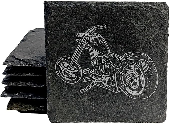 Level Up Your Man Cave: Rustic Chopper Coasters for The Motorcycle Enthusiast - Square Slate - Set of 5