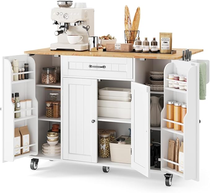 Ahomly Kitchen Island with Storage, 47.6" Rolling Kitchen Island on Wheels with Drop Leaf, Door Cabinet, Drawer, Spice Rack, Towel Rack and Knife Holder, Kitchen Cart Island Table for Kitchen, White