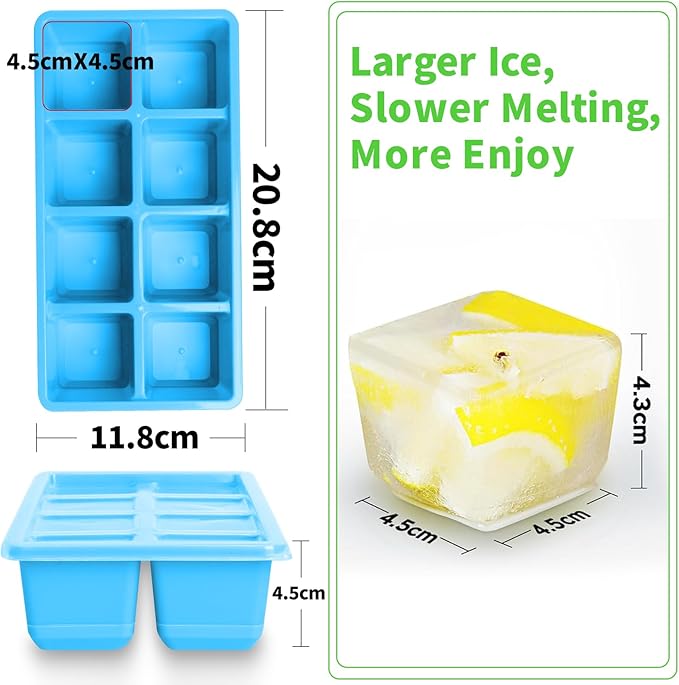 Large Ice Cube Molds 2 Pack, FURNSII Silicone Ice Cube Tray for Freezer with Lid, 8 Giant Square Cubes, Easy Release Stackable Ice Molds for Whisky Cocktails