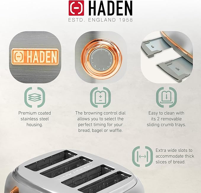 Haden Heritage 4 Slice Wide Slot Stainless Steel Toaster Bundled with 12 Cup Programmable Drip Coffee Maker Coffee Machine, Steel & Copper