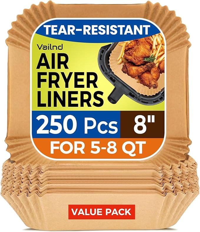 250 Pcs 8" Square Air Fryer Liners Disposable, Unbleached Parchment Paper Liners for Airfryer Basket, Non-Stick & Leakproof Baking Paper for Oven Roasting