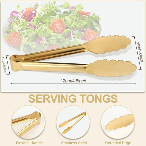 4 Pack Gold Tongs for Serving Food, 9 Inch Serving Tongs, Gold Buffet Tong Stainless Steel Utensils, Metal Kitchen Tong for Salad, Steak, Appetizer, Snack and Small Food (GOLD, 9INCH)