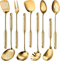 9 Pcs 304 Stainless Steel Utensils Set with Wood Handle Metal Cooking Tool Spatula, Solid Spoon, Slotted Spoon, Fork, Ladle, Skimmer, Slotted Spatula Spaghetti(Gold,Stainless Steel)