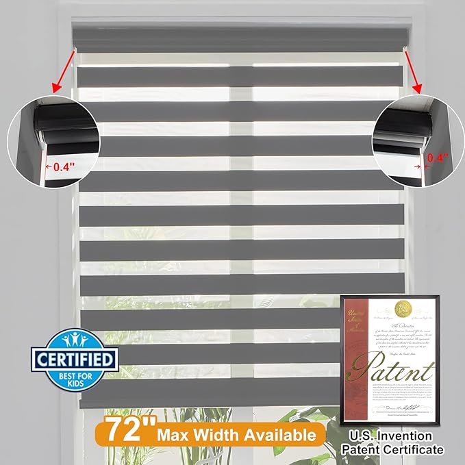 Persilux Cordless Zebra Blinds for Windows Free-Stop Roller Window Shades (35" W X 64" H, Black) Dual Layer Light Control for Day and Night, Light Filtering Sheer Shades for Home, Easy to Install