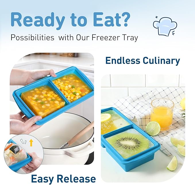 Silicone Freezer Tray with Lid Soup Freezer Container Molds with Steel Reinforced Rim Ice Cube Freezer Molds for Soup, Sauce, Leftovers, Homemade Meal Prep Containers Food Prep Home Essentials