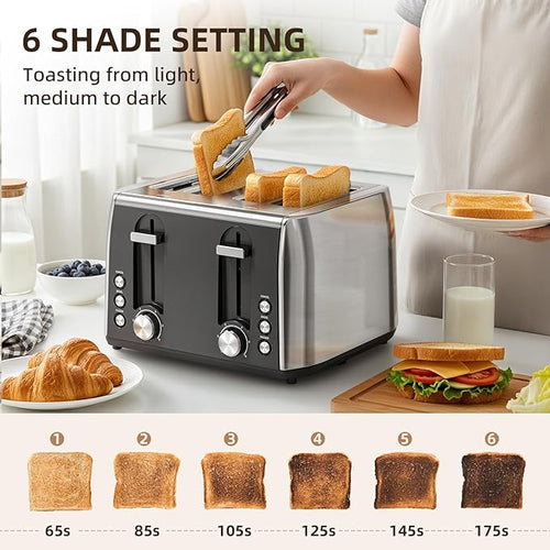 4 Slice Toaster, 6 Browning Settings, Removable Crumb Tray, Stainless Steel Bread Toaster for Bagels, Muffins, Waffles, Defrost, Cancel Button, 120V 1800W