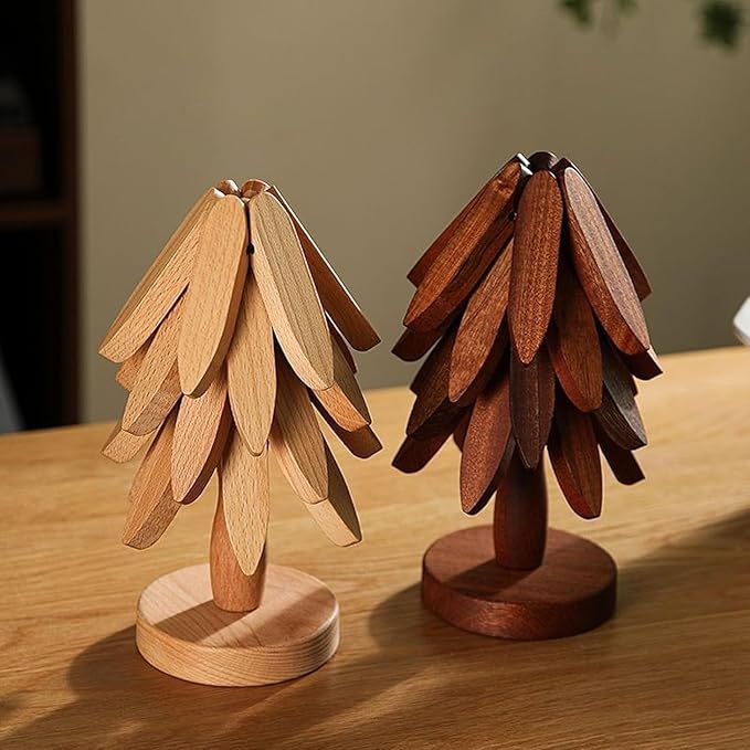Natural Wood Tree Trivet Set, 𝐍atural Tree Trivet Set - 4 Wooden Trivets,4 Wooden 𝐓rivets & 1 Stand Like a Christmas Trees,for Hot Dish,Pot,Bowl,Teapot,Hot Pot Sets (Natural Wood 4 Trivets,1set)