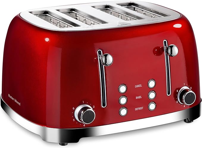 Roter Mond 4 Slice Toaster Retro Stainless Steel with Bagel Defrost Cancel Function, 6 Browning Settings, Extre Wide Slot and Removable Crumb Tray, Red, ST033
