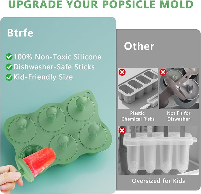 Silicone Popsicle Molds for Toddlers, 6-Cavity x 2oz Food-Grade Ice Pop Mold, Reusable DIY Fresh Fruitsicle Frozen Treats Maker (GREEN)