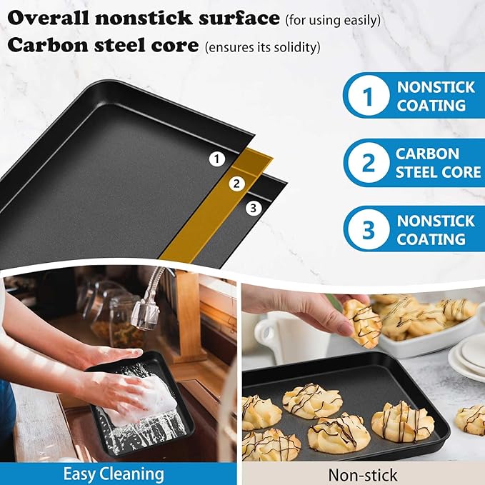 P&P CHEF 9 Inch Baking Cookie Sheet Pan, Carbon Steel Oven Tray, Non Stick Bakeware for Cooking Baking Bread Meat Vegetables, Sturdy & Healthy, Easy Clean, 2Pcs