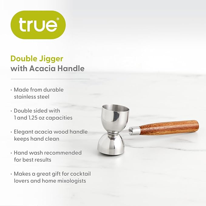 True Double Jigger with Acacia Handle, Bar Supplies, Drink Tools, Craft the Perfect Cocktails, 1oz & 1.25oz Capacities, Stainless Steel