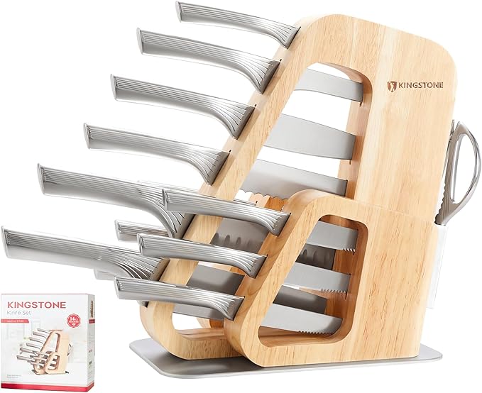 KINGSTONE Kitchen Knife Set with Block, 14 Pcs German Stainless Steel Knife Set with Built-in Sharpener, Dishwasher Safe Knife Block Set(natural, 14pcs)