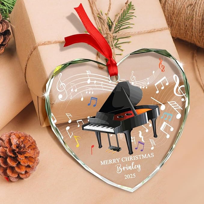 Unique Piano Glass Christmas Ornament Gift for Daughter Son Brother Sister Kids, Customized Year Text Name Piano Player Pianist Keepsake Ornaments, Personalized Piano Instrument Glass Xmas Ornament