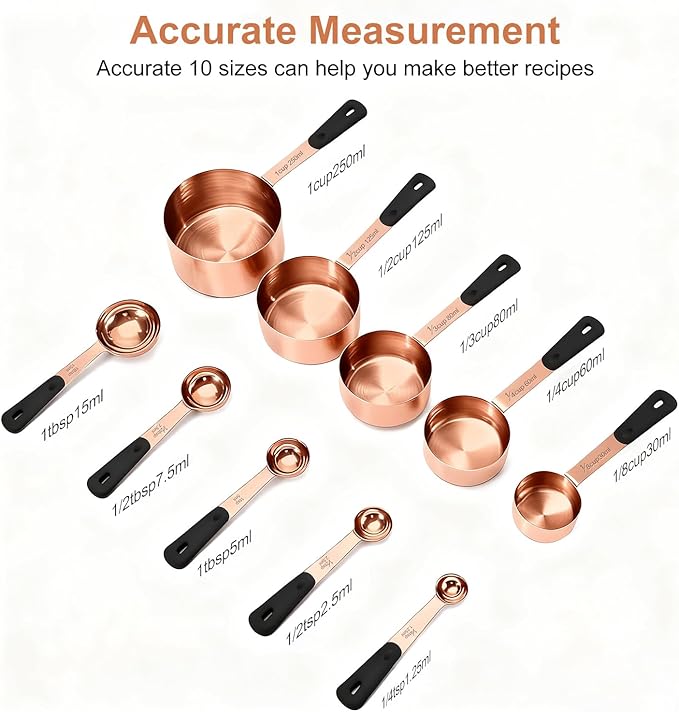 Measuring Cups and Spoons Set, Rose Gold Plated Stainless Steel 10 Piece for Cooking and Baking (5 Cups + 5 Spoons)