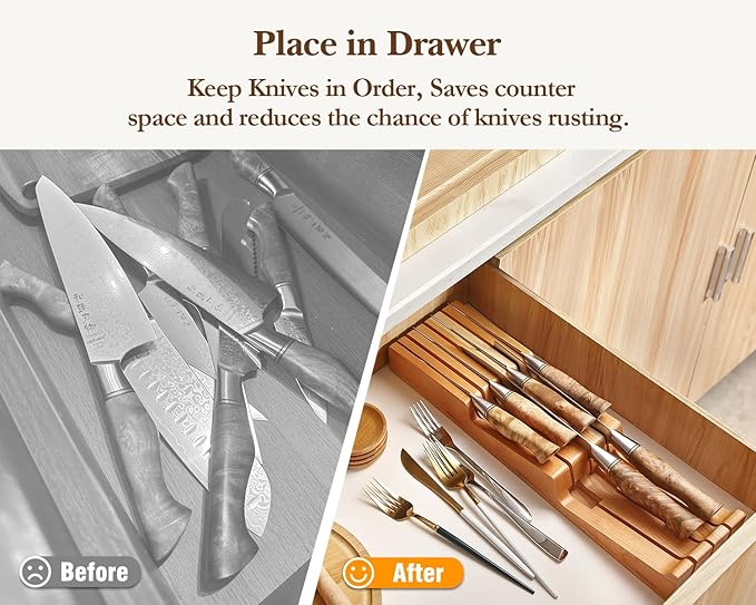 HEZHEN 7-slot Cherry Wood In-drawer Knife Tray,Kitchen Storage Organization Organizer Insert,Saves Countertop Space