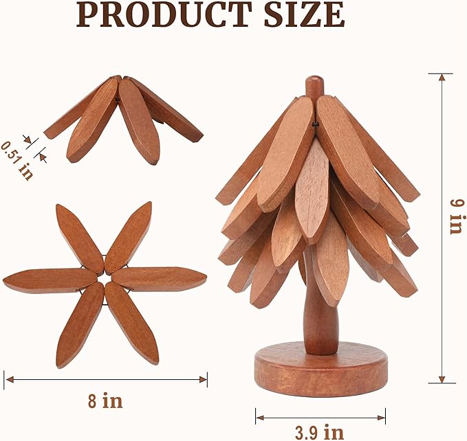 Tree Shape Wooden Trivets for Hot Dishes, 4 Wooden Trivets + 1 Stand stored Like a Christmas Tree，for Easy Storage，Multifunctional Ornaments (Walnut Brown)
