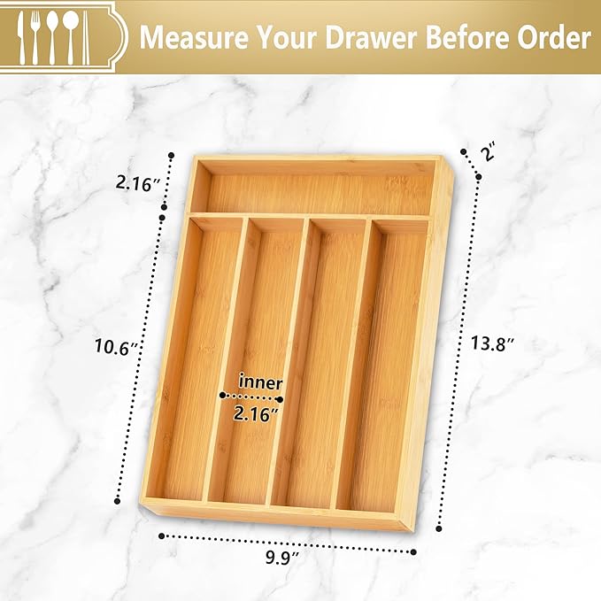 Silverware Organizer, 10 Inch Utensil Organizer Kitchen Drawer Organizer Bamboo Silverware Holder Cutlery Tray Organizer in Drawer Flatware Organizer Tray(5 slots, Natural）