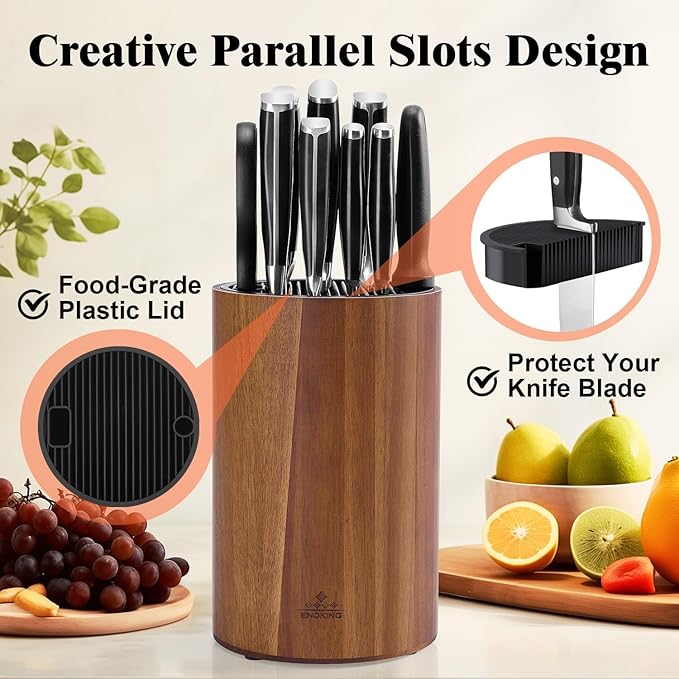 Enoking Universal Knife Block Holder with Plastic Lid, Acacia Wood Knife Block without Knives for Scissors, Sharpening Rod and Knives, Round Knife Storage Organizer Display