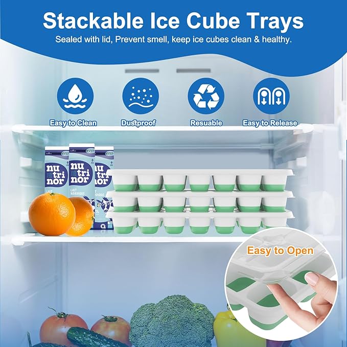 Ice Cube Tray with Lid, 3 Pack Silicone Easy-Release Ice Trays for Freezer, Stackable Ice Cube Molds for Drinks, Cocktails, Whiskey, Coffee - BPA-Free and Odor-Free