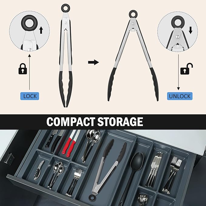 Kitchen Tongs, Set of 3 Stainless Steel Tongs with Silicone Tips Locking Cooking Tongs 600ºF Heat Resistant Tong for Cooking BBQ Grilling Air Fryer Serving Food Salads, 7"+9"+12" Black