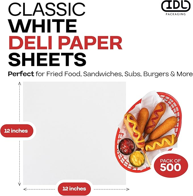 White Deli Paper Sheets, 12" x 12" (500 pcs.) - USA-Made Premium Food Basket Liners - PFAS-Free Grease Resistant Deli Paper Sheets for Snack & Baking Wrap, Picnic & Party by IDL Packaging