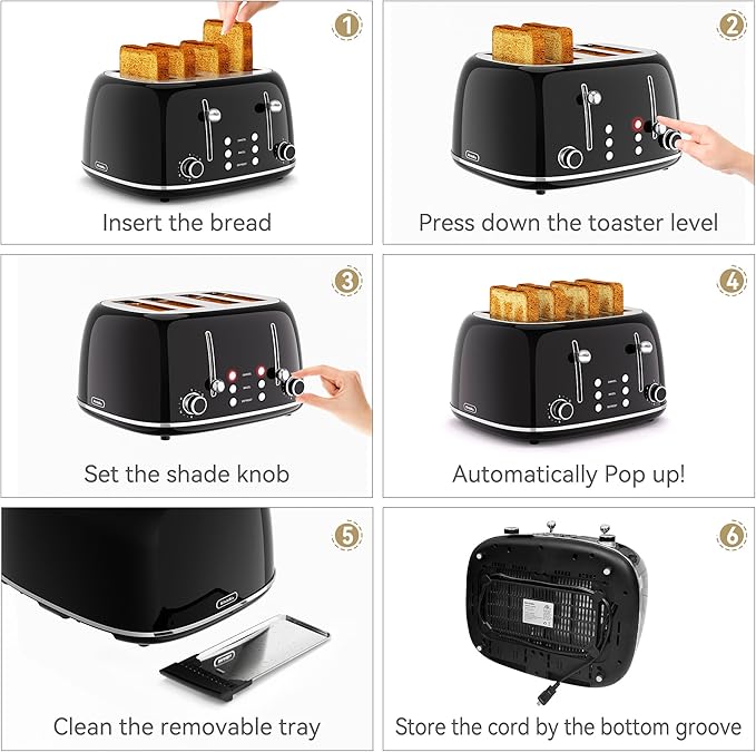 Toaster 4 Slice, Retro Stainless Toaster with 6 Bread Shade Settings,1.5''Wide Slots with Cancel/Defrost/Reheat Functions,Dual Independent Control Panel, Removal Crumb Tray (Black)