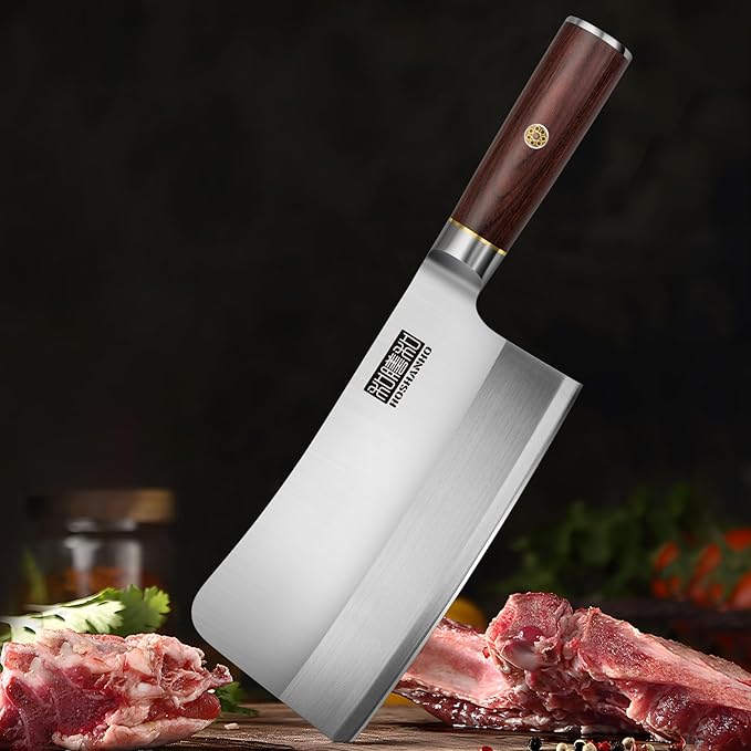 HOSHANHO 7 inch Cleaver Knife, High Carbon Powder Steel Meat Cleaver, Bone Chopper Butcher Knife with Ergonomic Wooden Handle for Home Kitchen and Restaurant