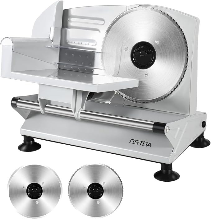 OSTBA Meat Slicer Machine, Two 6.7” Removable Stainless Steel Blades and Food Carriage, 150W Electric Deli Food Slicer for Home Use, Easy to Clean, 0-15mm Adjustable Thickness for Meat, Cheese, Bread