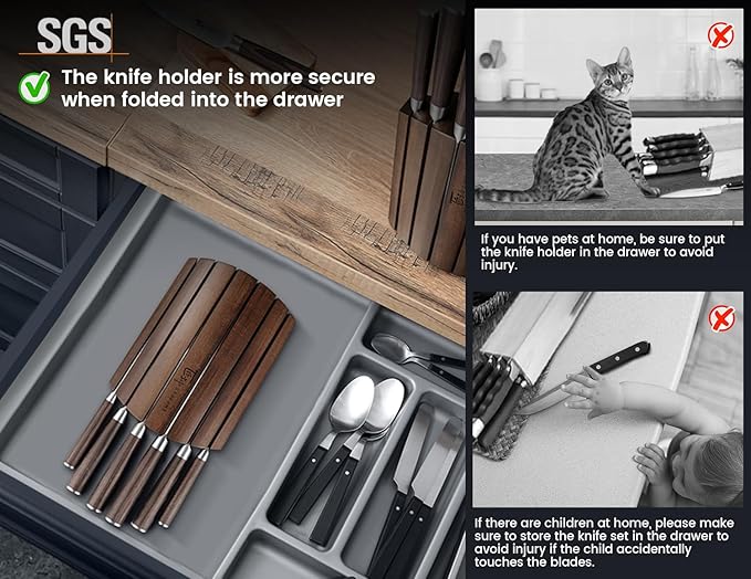 Knife Set 7 Piece Japanese Style Kitchen Knife Set With Foldable Magnetic Acacia Wood Block Sharp High Carbon Stainless Steel Knives Set for Kitchen with Anti-slip Ergonomic Handle, Ideal Gift