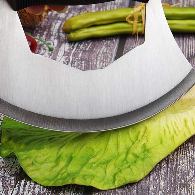 Mezzaluna Salad Chopper,Stainless Steel Mezzaluna Knife Razor Sharp Rocker Slicer with Protection Cover Vegetable Chopper Mincing Cutter for Pizza Cheese Onion Carrot Pepper Garlic