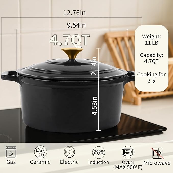 Enamel Cast Iron Dutch Oven with Lid, Round Casserole Pot for Bread Baking, Braising, Roasting, and Stews, Heavy-Duty, Oven Safe, Induction Compatible (4.7QT,Grey)