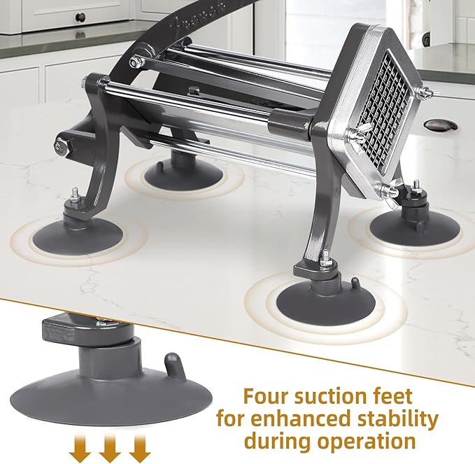 French Fry Cutter Commercial Grade Potato Slicer with Stand Suction Feet Complete Set, Includes 1/4", 3/8", 1/2", 2 Pieces L Stand